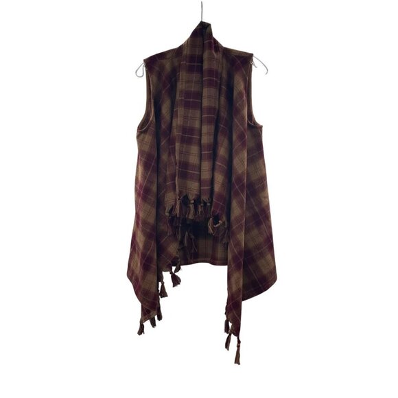 entro Sweaters - Entro Women's Plaid Sleeveless Cardigan Open Front Wine/Tan Size Small Fringe
